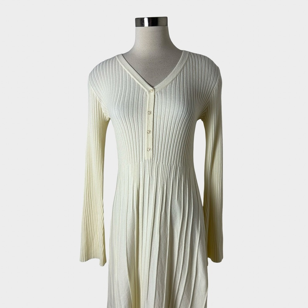 Nasty Gal Cream Ribbed V-Neck Midi Dress - Picture 3 of 15
